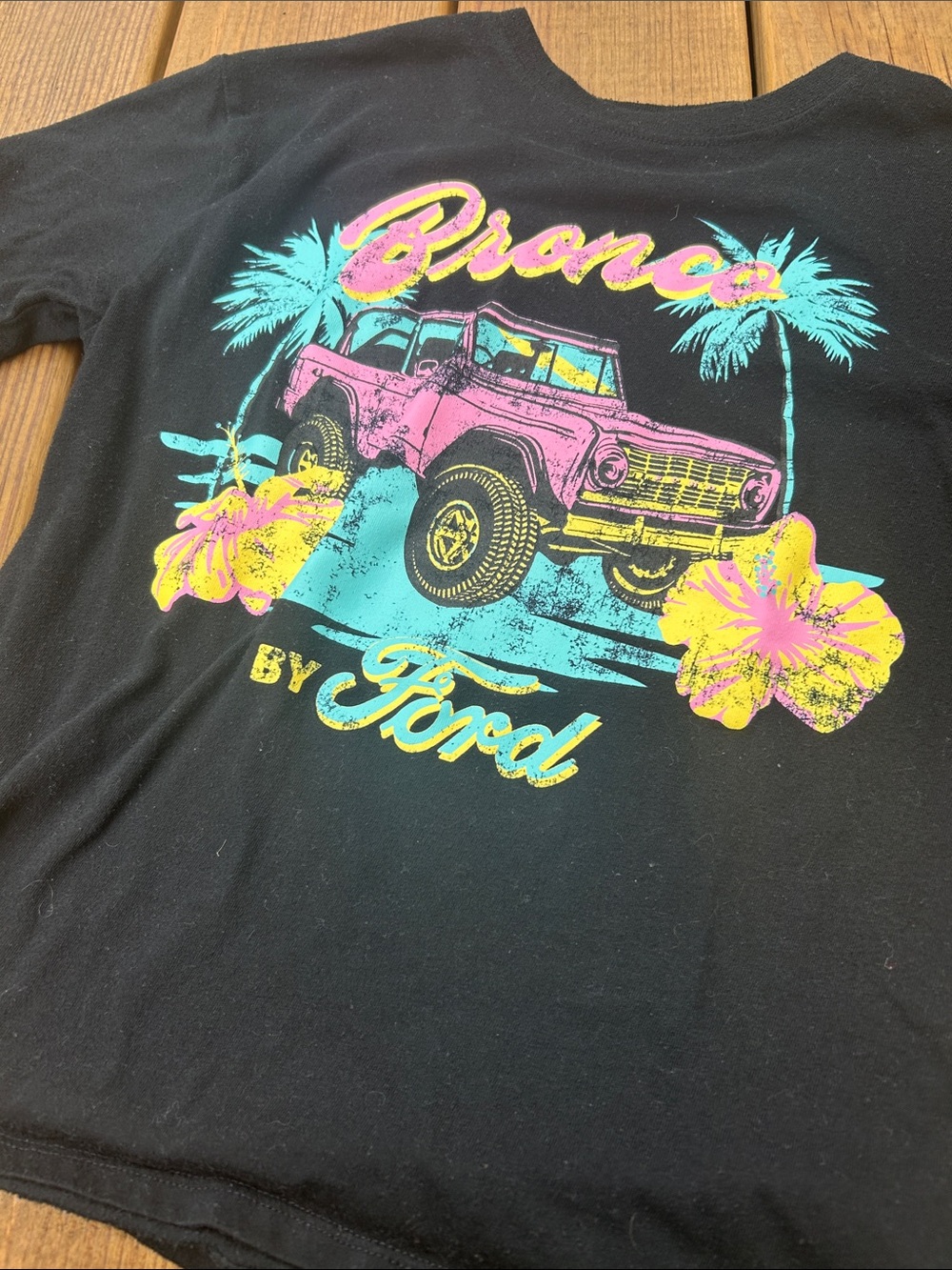 Ford Kids Black Tee with Pink Bronco & Teal Palm Graphic